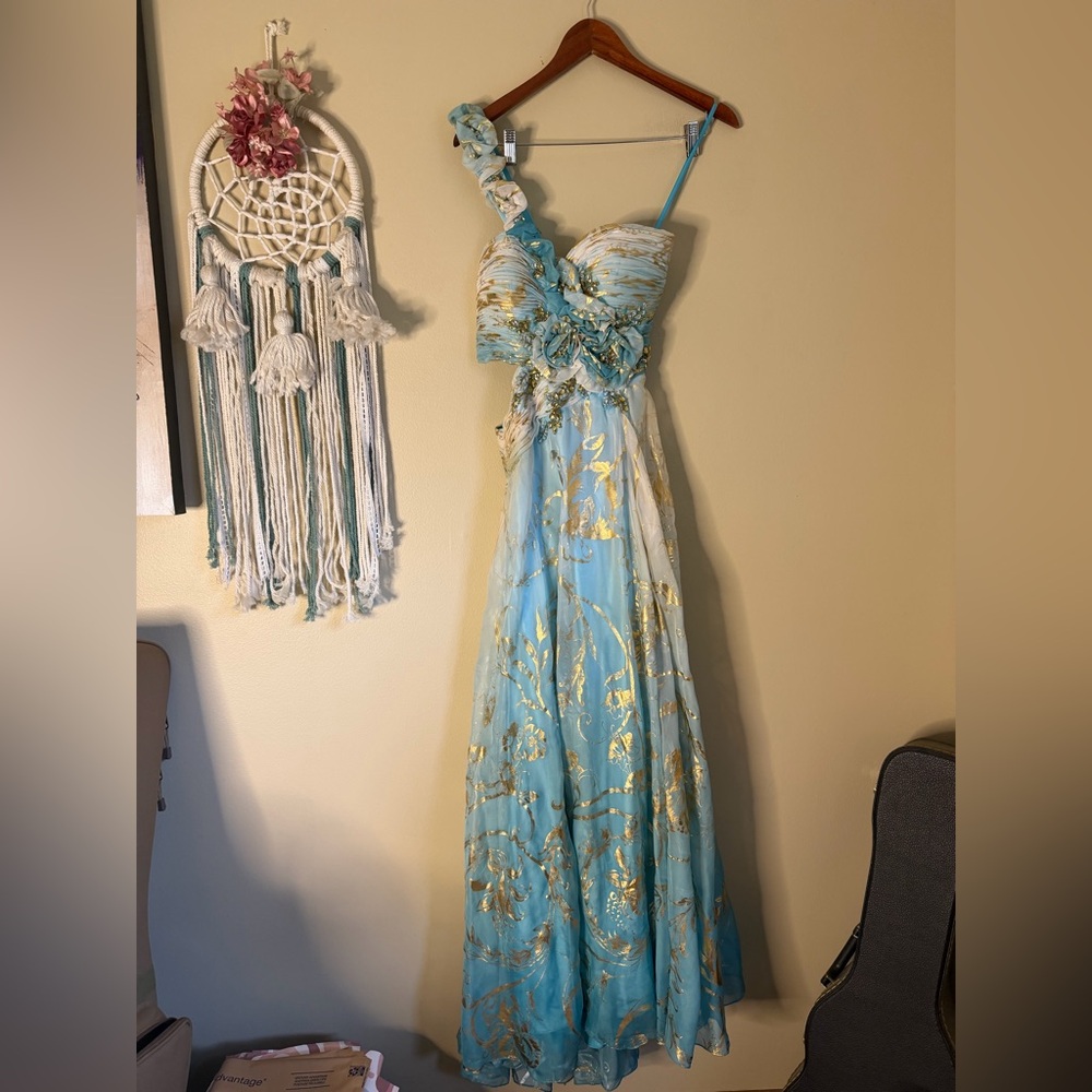 Rare Mac Duggal Beaded One Shoulder Cut Out Gown Turquoise Gold Size 6